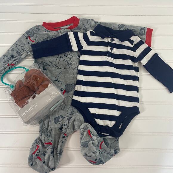 Disney Boys 101 Dalmatians Frog suit Collared Overall & Bootie Bundle Sz 6-9 MO - Picture 1 of 7